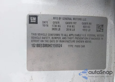 2017 Chevrolet Cruze Lt Auto z USA, uszkodzony, nr VIN 1G1BE5SM0H7159524